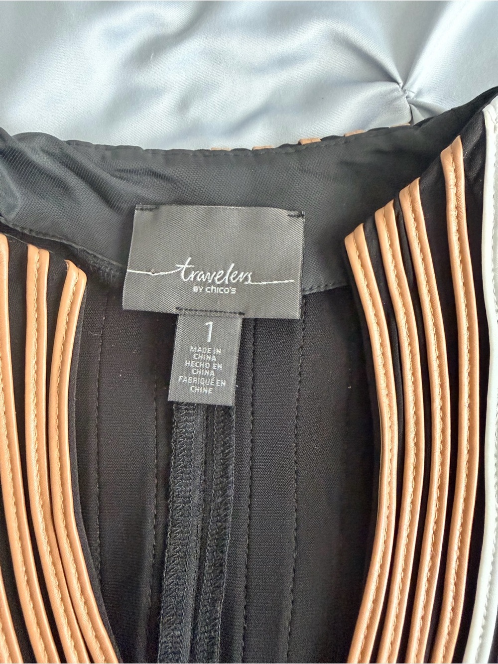 Chico's Black V‑Neck Sweater with Tan Pleated Trim